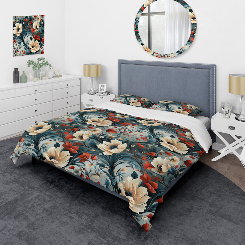 Ensemble de housse de couette à fleurs bleues et blanches, Housse de couette pour grand lit et 2 taies décor