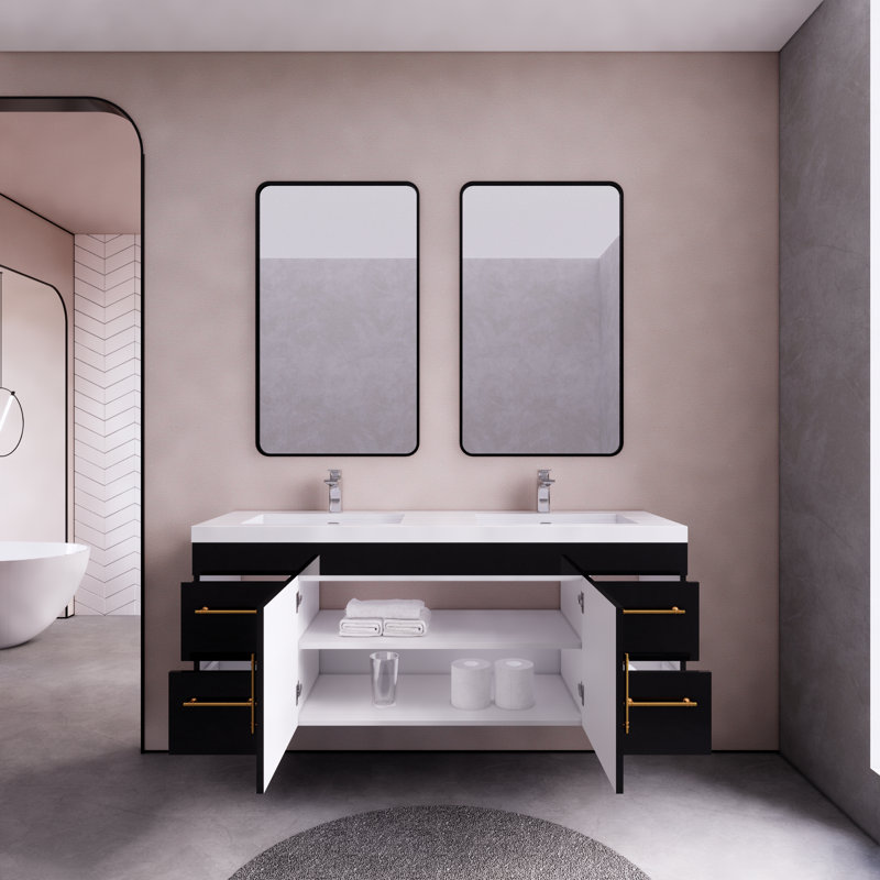 59.05'' Double Bathroom Vanity with Acrylic Top, Glossy Black