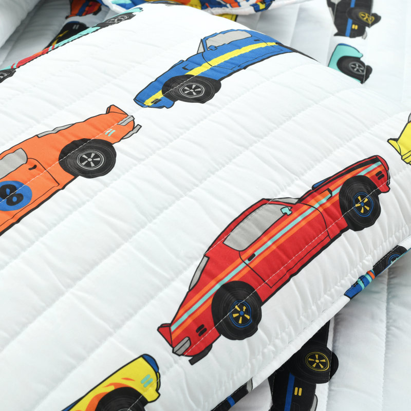 Ensemble de courtepointe réversible Race Cars, Courtepointe double / grand et 2 taies décorative, Blanc / multicolore