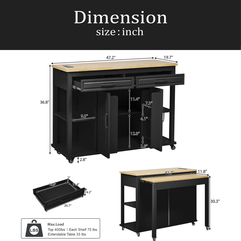 47 Inch Kitchen Island With Extendable Dining Table, Rubber Wood Veneer Kitchen Table With Internal Storage Rack, Power Outlet, Kitchen Island With Storage 2 Drawers 2 Cabinet