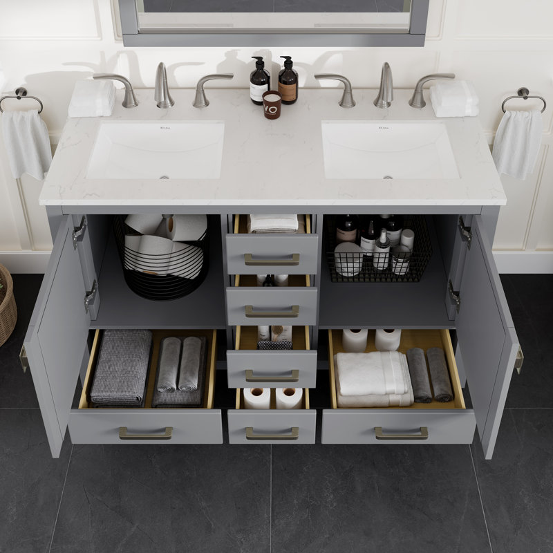 Aberdeen Meuble-lavabo double gris avec comptoir en quartz de Carrare et lavabos en porcelaine encastrés