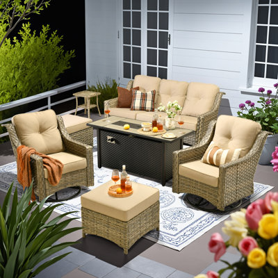 Ensemble de mobilier d'extérieur en osier avec coussins - Canapé modulaire en résine tressée, table de foyer et repose-pieds pour la cour, le porche et le jardin
