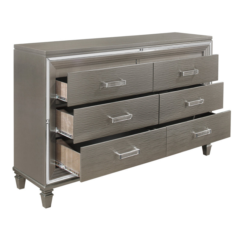 Commode à 6 tiroirs en bois avec finition argentée et finition métallique gris