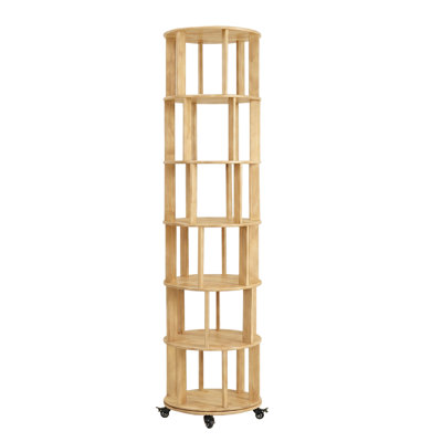 6 Tier Rotating Bookshelf, Solid Wood Rotating Bookshelf Tower with Wheels, 360° Display Round Spinning Bookshelf for Small Spaces, Corner, Bedroom, L