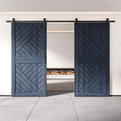 Homacer Navy Double 32in x 84in Unassembled & Finished Geometric Design Barn Doors with Non-Bypass Installation Hardware Kit, 11ft track, interior use only