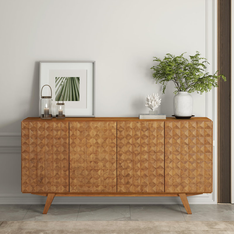  Sapa Mid-Century Modern Solid Wood Sideboard – 4-Door Accent Buffet Cabinet with Carved Geometric Fronts, for Living Room, Dining Room, or Entryway, Effortless Assembly