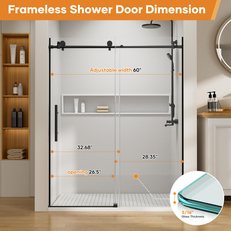 56-60 Inch Wide Frameless Shower Door With 8Mm Tempered Glass And Stainless Steel Hardware For Modern Bathrooms, Shower Door