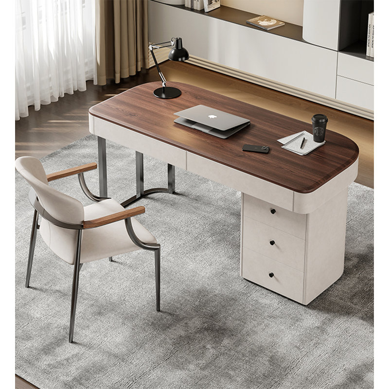 Bureau moderne courbé avec pieds en acier inoxydable et 5 tiroirs, 29.1" H x 63" W x 27.6" D