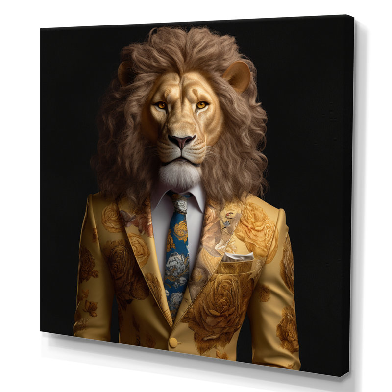 Lion jaune en costume - art mural mode lion, H 16 po x l 16 po x P 1 po, Toile tendue