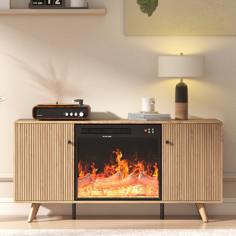 Meuble télé l 55 po pour téléviseur de 65 po ou moins avec foyer inclus, centre de divertissement cannelé avec 2 armoires pour le salon et la chambre à coucher