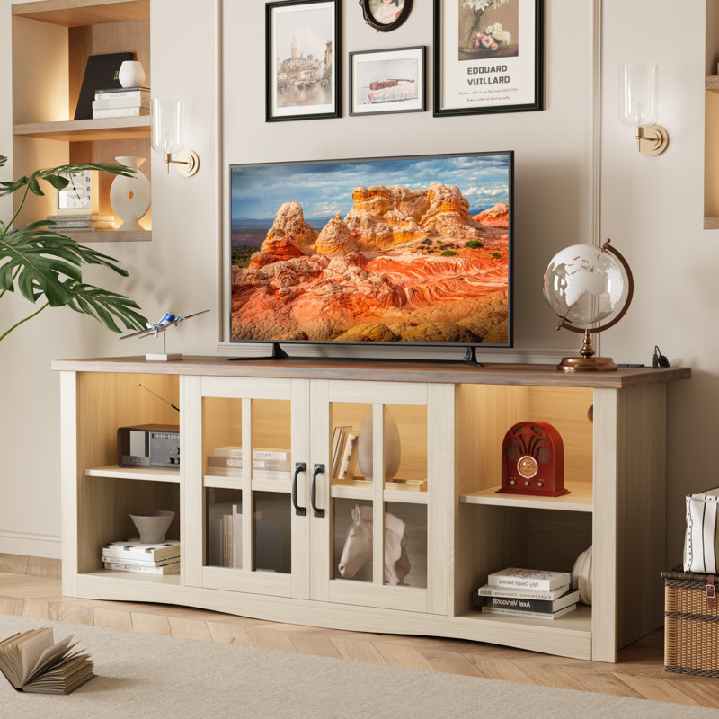 Meuble télé Rustic Farmhouse de 58 po pour téléviseur de 65 po ou moins, centre de divertissement en bois massif avec portes en verre, rangement réglable, centre de chargement intégré et éclairage à DEL intelligent