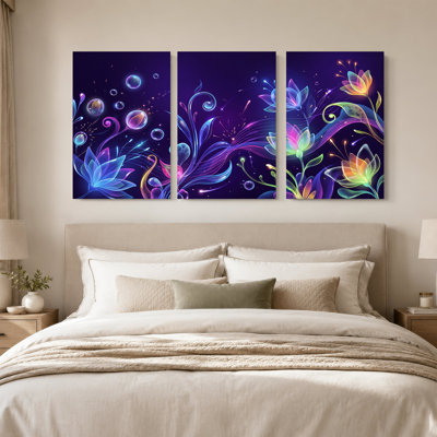 «Neon Lotus and Swirl Vines in Violet Glow», ensemble de 3 toiles murales