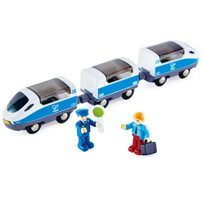 Hape: train intercité - bleu et blanc - ensemble de jouets de train en bois, train de liaison magnétique 3 pièces, 2 figurines et accessoires posables, enfants de 3 ans et plus