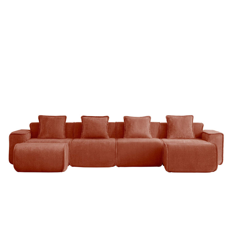 Canapé modulaire en U à 4 places avec passepoil à bordure française, sans assemblage requis, canapé à 4 places avec coussins décoratifs et 2 repose-pieds mobiles, tissu de velours