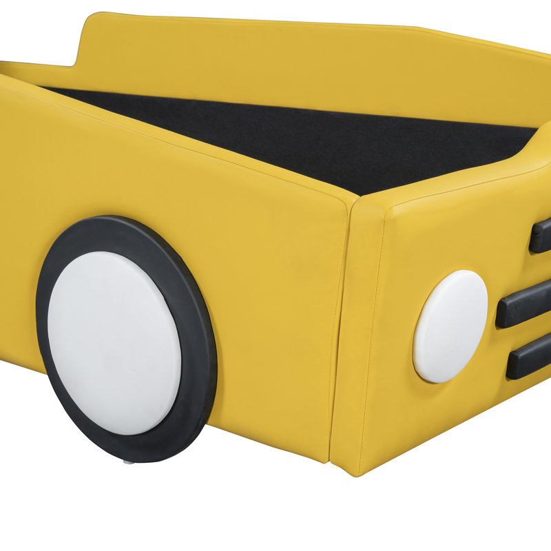 Intriguing Twin Size Race Car Bed With Yellow Wheels - Crafted For Durability And Comfort Platform Fascinating Theme Relaxing Bedroom Atmosphere