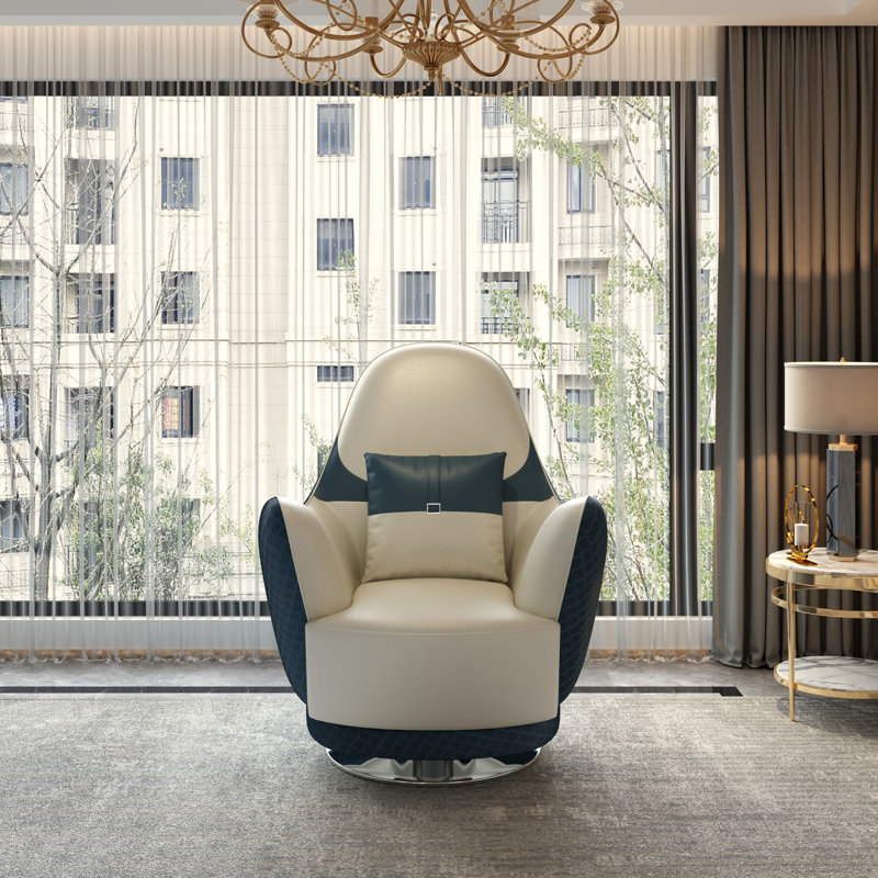 Amalia Swivel Club Chair, White/Blue Genuine Leather