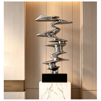 Modern Light Luxury Fiberglass Table Sculpture, Silver Spiral Abstract Swirl Statue with Black Solid Base for Console Table