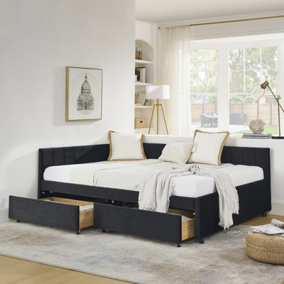 Full Size Upholstered Tufted Velvet Sofa Bed with 2 Storage Drawers, Comfortable Backrest & Armrests, Black