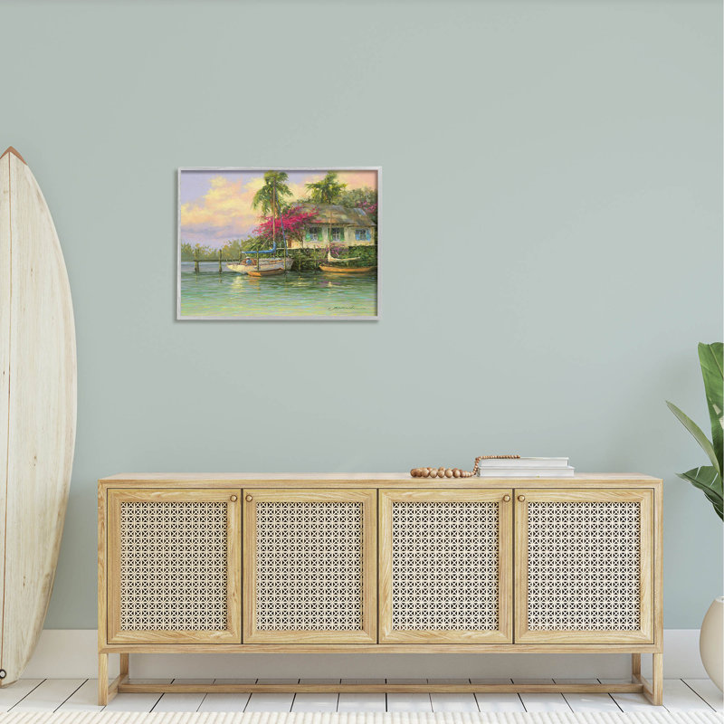 Maison de bord de mer tropicale, estampe numérique par Martin Figlinski, H 24 po x l 30 po x P 1,5 po, Encadré gris