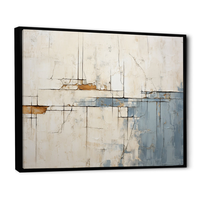 Abstrait bleu et beige sur route, collage, H 12 po x l 20 po x P 1 po, Cadre flottant noir