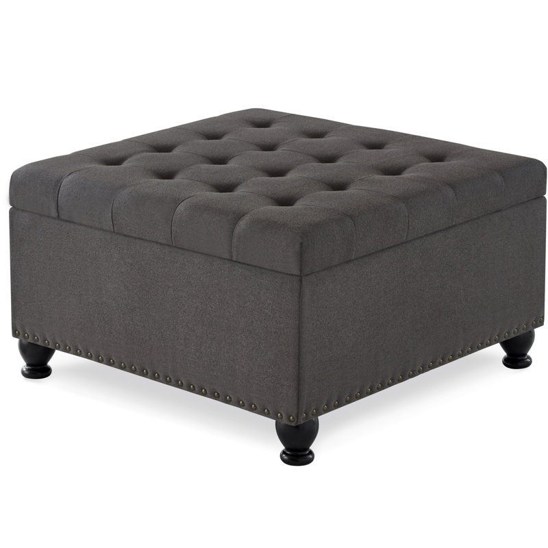 Linen Upholstered Storage With Wooden Legs And Dark Grey Shade Large Button Top Legs, For Home Decor, Dark Gray