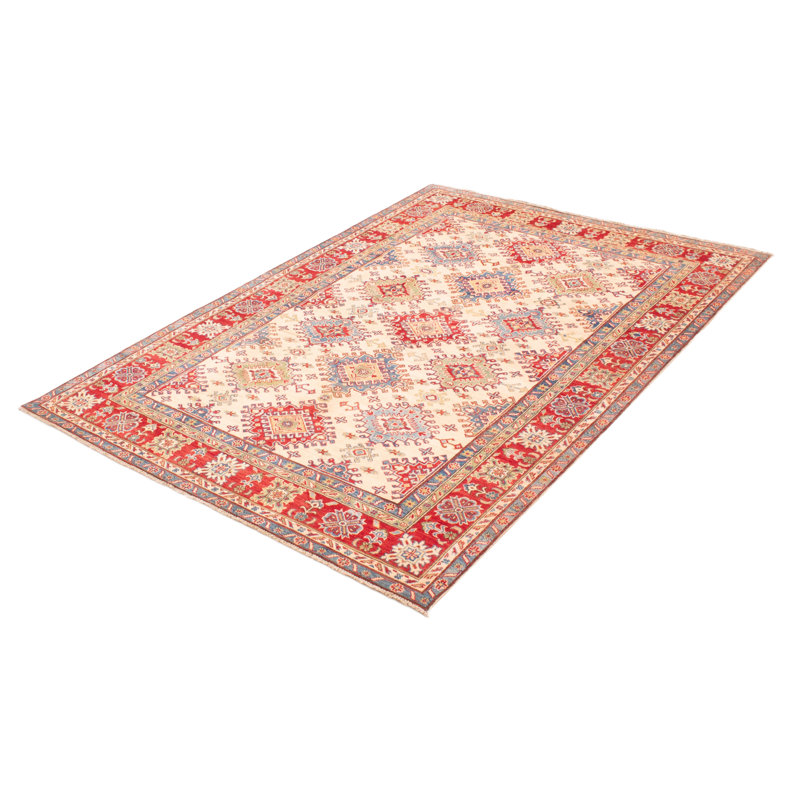 Tapis ivoire en laine noué à la main de conception unique 6 pi 7 po x 9 pi 5 po New Age
