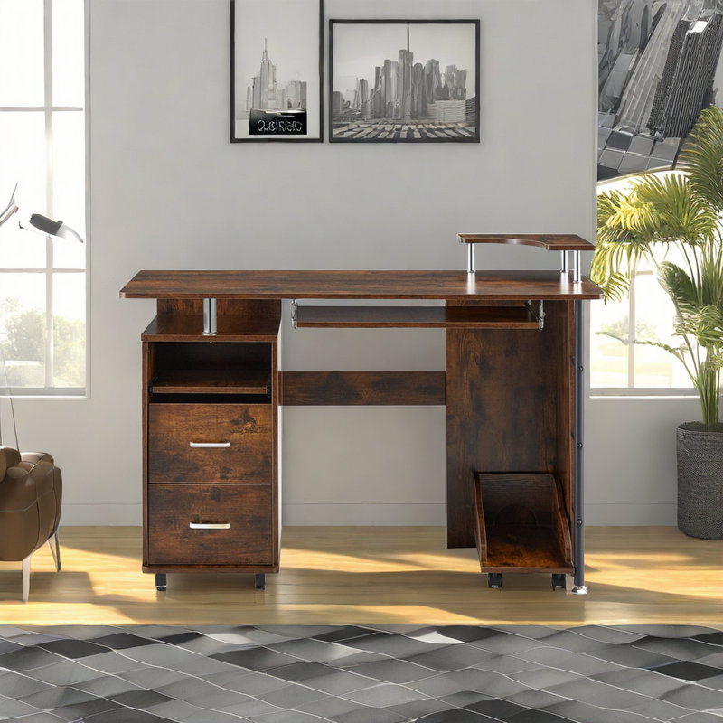 Solid Wood Computer Desk,office Table With Pc Droller, Storage Shelves And File Cabinet , Two Drawers, Cpu Tray,a Shelf Used For Planting, Single , Hps, 47.24''l 21.65''w 34.35''h