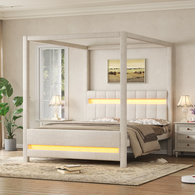 Grand lit plateforme à baldaquin tapissier avec lumières DEL, tête de lit, beige