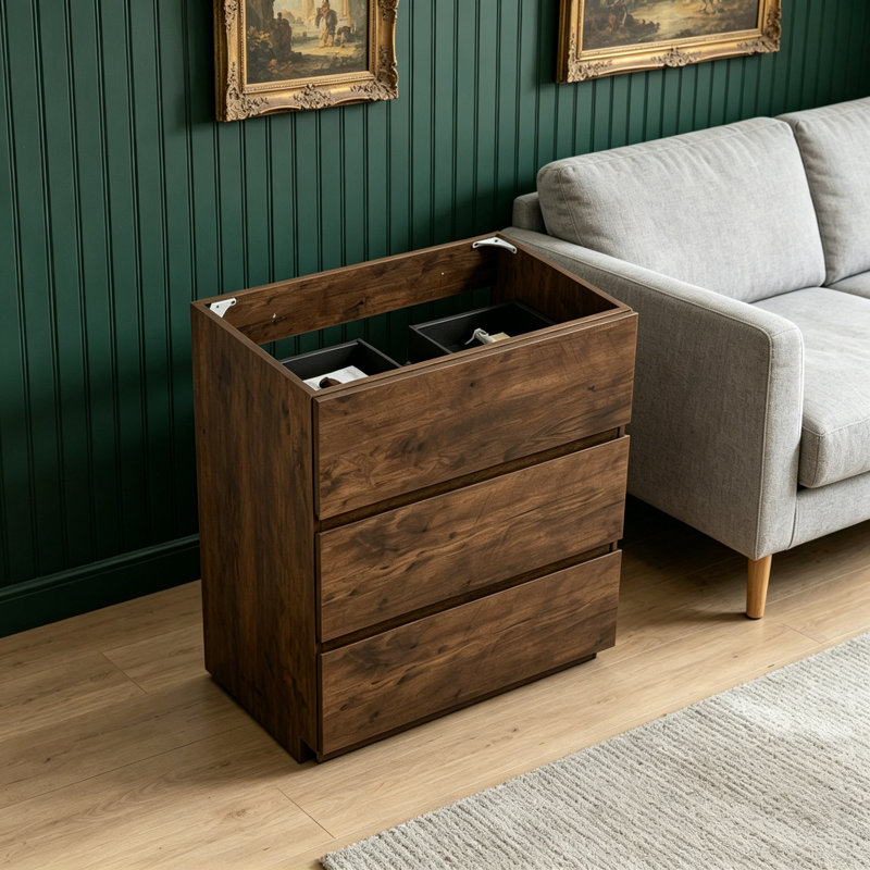 Armoire de plancher en noyer avec trois tiroirs Alice-24F-105, pré-assemblée pour une installation facile et un rangement amélioré.
