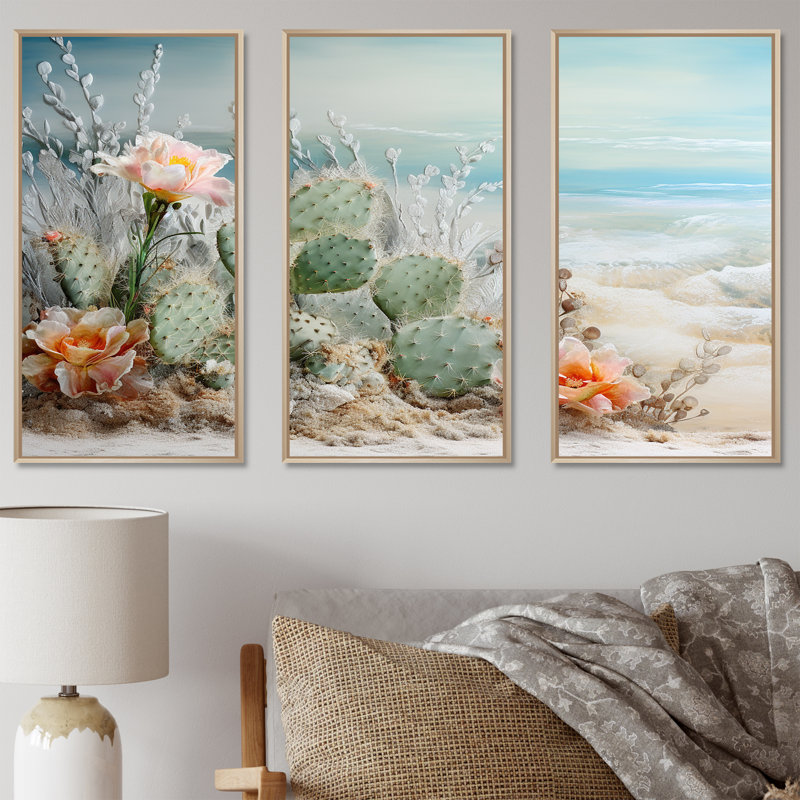 Collage cactus sur la plage I - ensemble de reproductions d'art mural floral cactus, H 40 po x l 60 po x P 1 po