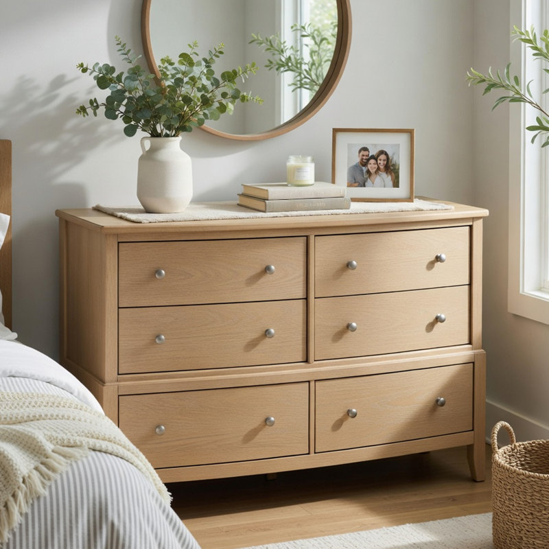 Grande commode Hadly, 6 tiroirs avec boutons en nickel satiné, beige
