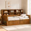 Lit de jour en bois (taille simple), design à panneaux cannelés, avec 6 étagères de rangement de chevet et 2 tiroirs de rangement, station de recharge, sommier à lattes en bois, sans sommier tapissier, finition noyer.-268479044-268479045