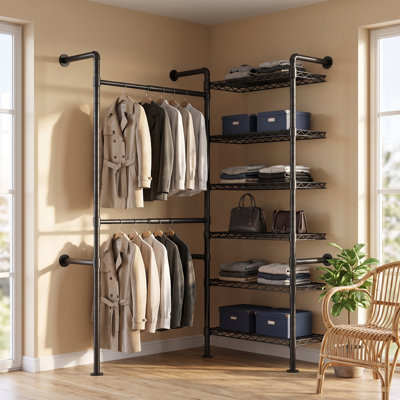 Wall Mounted Closet Organizer and Storage, 2-Column Industrial Pipe Clothes Rack, Space Saving Expandable Garment Rack with 6 Wire Shelves, for Bedroom & Laundry Room, Black