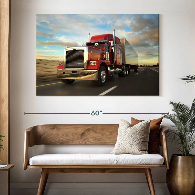 Camion de cargaison rouge Mehar au coucher du soleil, H 34 po x l 51 po
