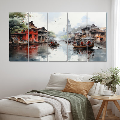 «Boat In Vietnam Floating Markets», impression sur toile - 5 panneaux égaux