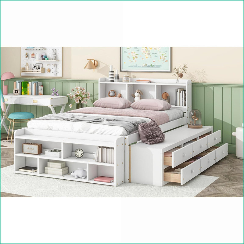 Lit plateforme double en bois de pin massif avec tiroirs et amp; Tête de lit, aucun sommier requis, blanc pour les petites chambres