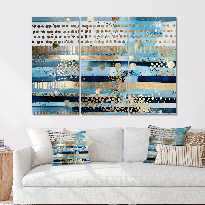 «Blue Sparkling Vertical Gold», ensemble de décorations murales géométriques, Toile tendue, H 32 po x l 48 po x P 1 po