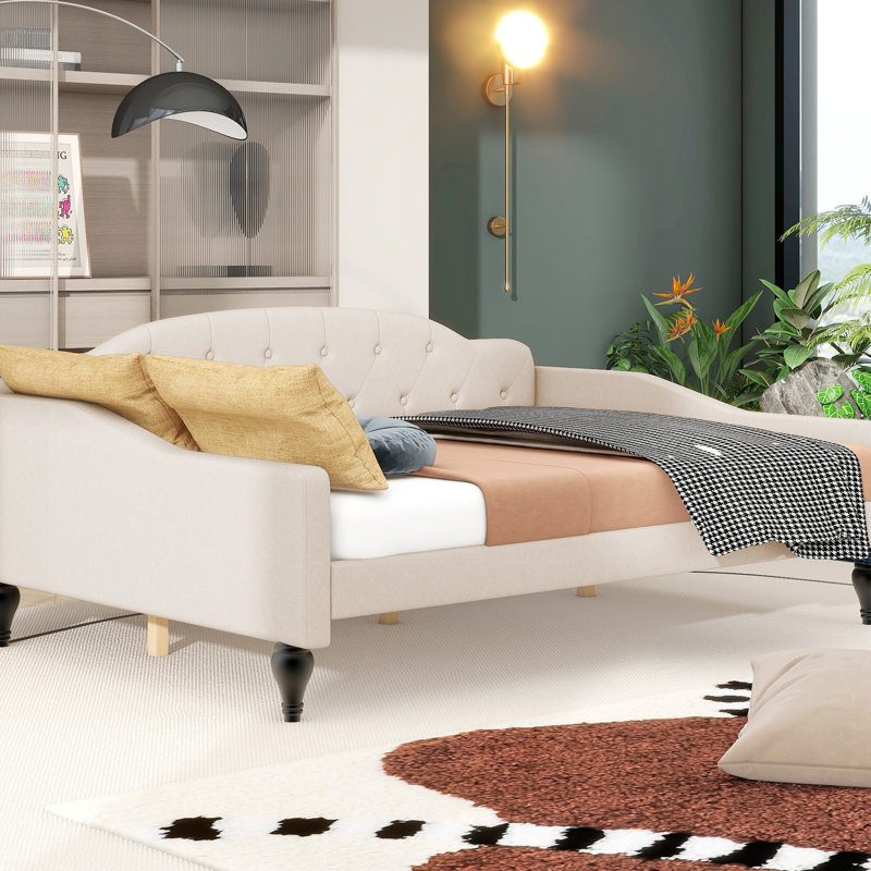 Lit de jour rembourré beige avec structure en bois massif - Stable et lattes en contreplaqué