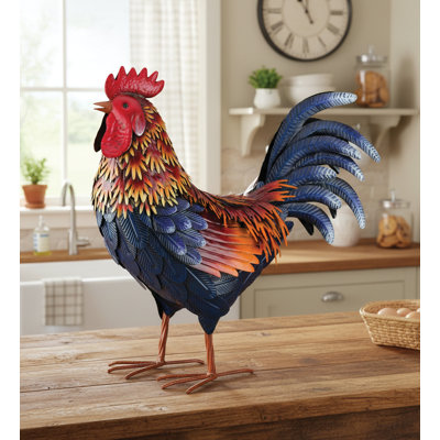 Statue de coq Arroyo en métal pour jardin, avec textures de plumes détaillées et finition peinte à la main résistante aux intempéries