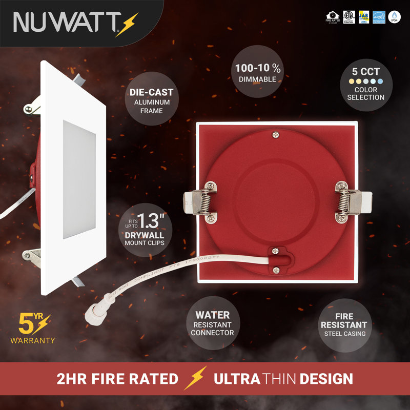 Éclairage encastré à DEL au feu 4 heures NUWATT 4 pouces, 5CCT 2700K / 3000K / 3500K / 4000K / 5000K sélectionnable, 900 lumens, à intensité variable, homologué IC, Downlight carré ultra-mince carré, sans tenmat nécessaire, UL ETL, paquet de 6