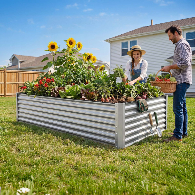 Galvanized Raised Garden Bed With Gloves, Silver, 36" H x 96" W x 48" D