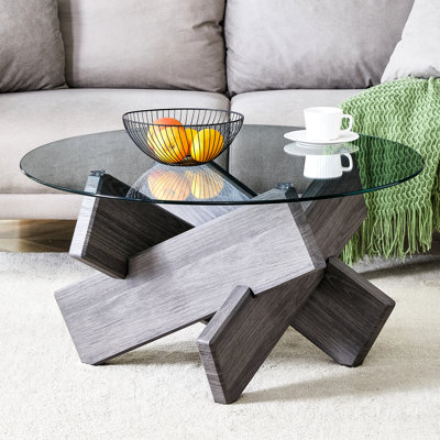33.4" Tempered Glass Coffee Table With Grey Legs, Impact And Practical For Home Legs Top, Easy To Install Dining Room