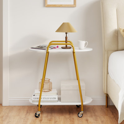 2-Tier Rolling End Table with Faux Marble Surfaces, Lockable Wheels & Metal Frame