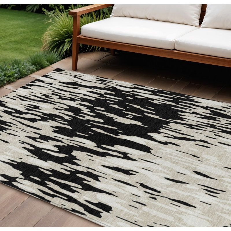 Tapis extérieur lavable abstrait noir et ivoire 10 pi x 14 pi