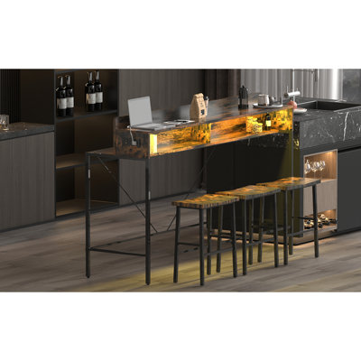 59" Bar Table With 3 Saddle Stools, Ac Power Outlets, And Led Mood Lighting, 4 - Piece For Dining Room Kitchen Steel Tube Frame, E1 Grade Style Table, Saddle Stools, Power Outlet, 6 Color , Piece ,