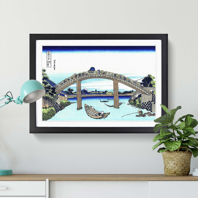 Bridge over the River by Katsushika Hokusai - Picture Frame Painting Print, Black Framed, 48cm H x 65cm W x 2cm D