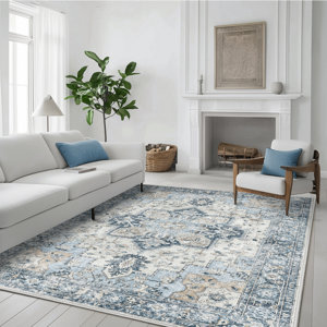 roehit oriental performance machine washable blue / ivory area rug