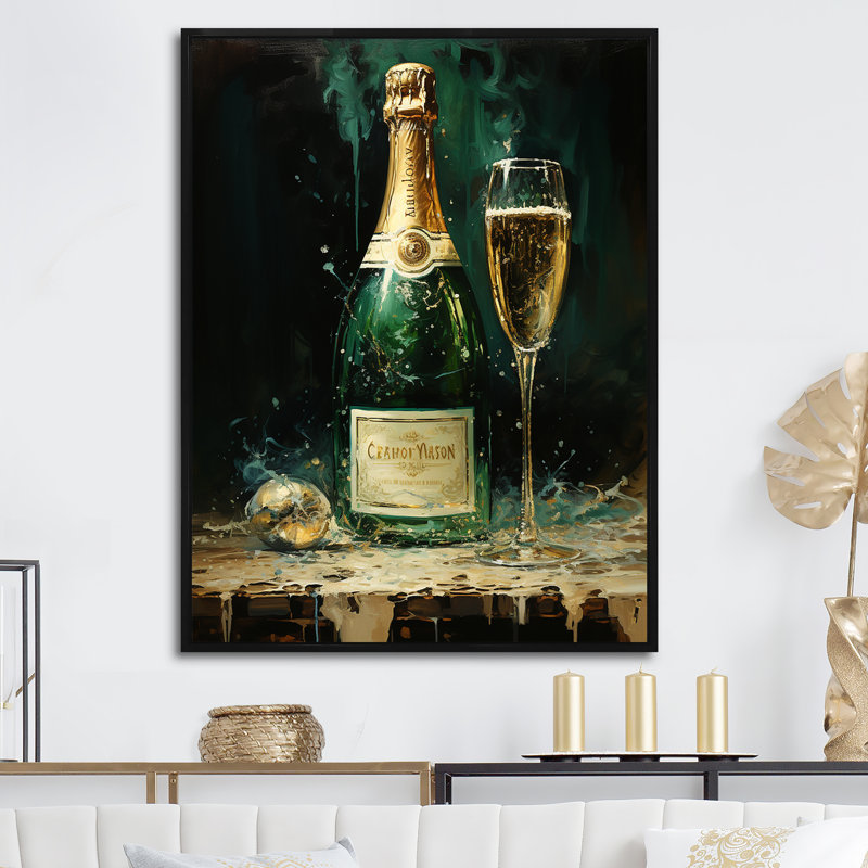 «Gold and Emerald Champagne Dream I» - Impression sur toile champagne, H 40 po x l 30 po x P 1,5 po, Cadre flottant noir
