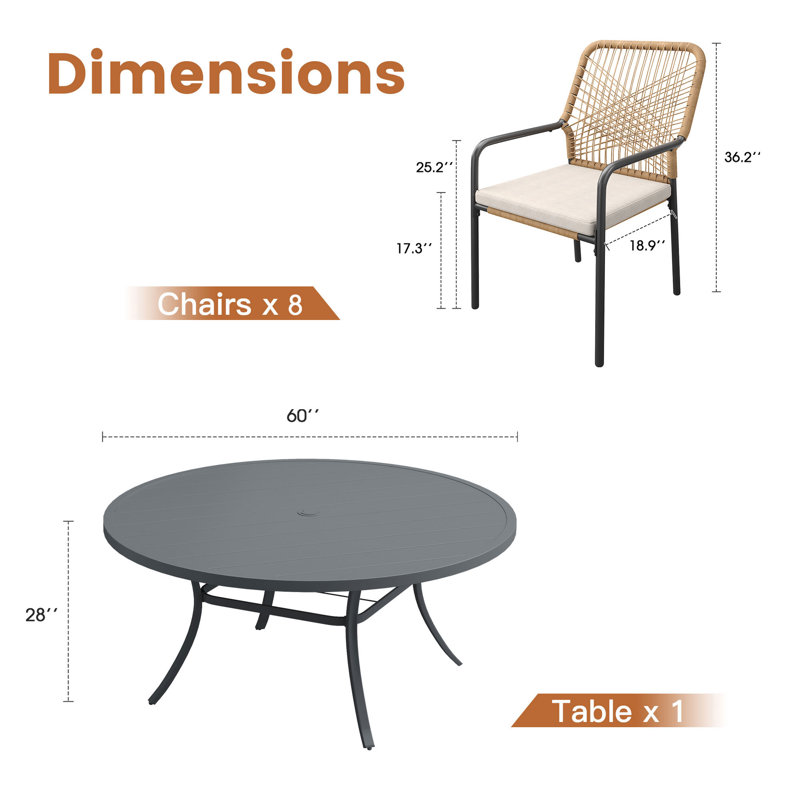 8-Person Round Patio Dining Set with 60" Dining Table and Cushioned Stackable Rattan Chairs, Gray
