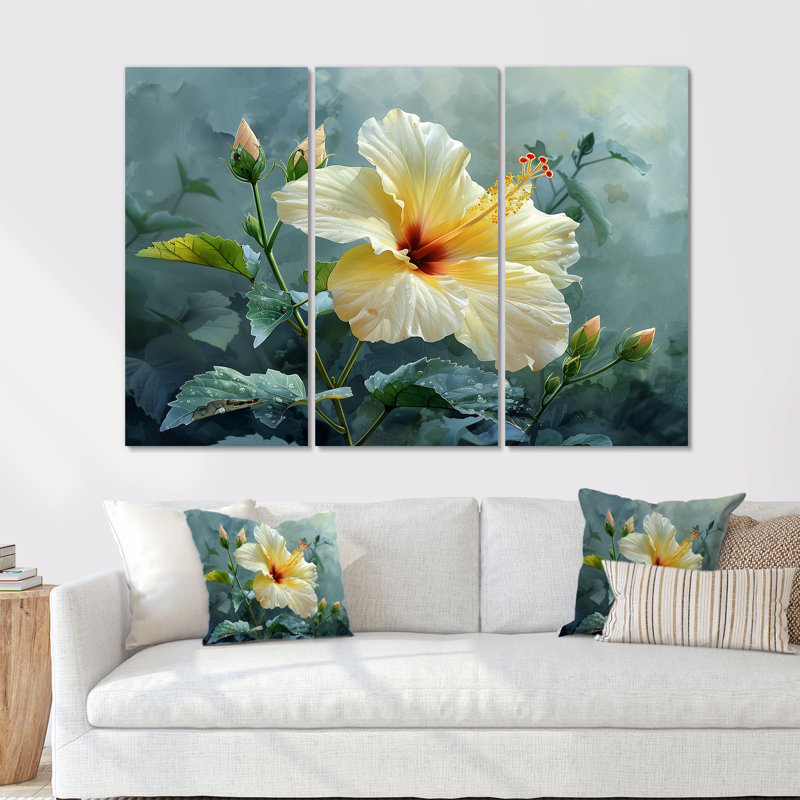 Ensemble de décorations murales jaunes, gris et délicats Hibiscus I - Hibiscus, H 28 po x l 36 po x P 1 po, Métal métal